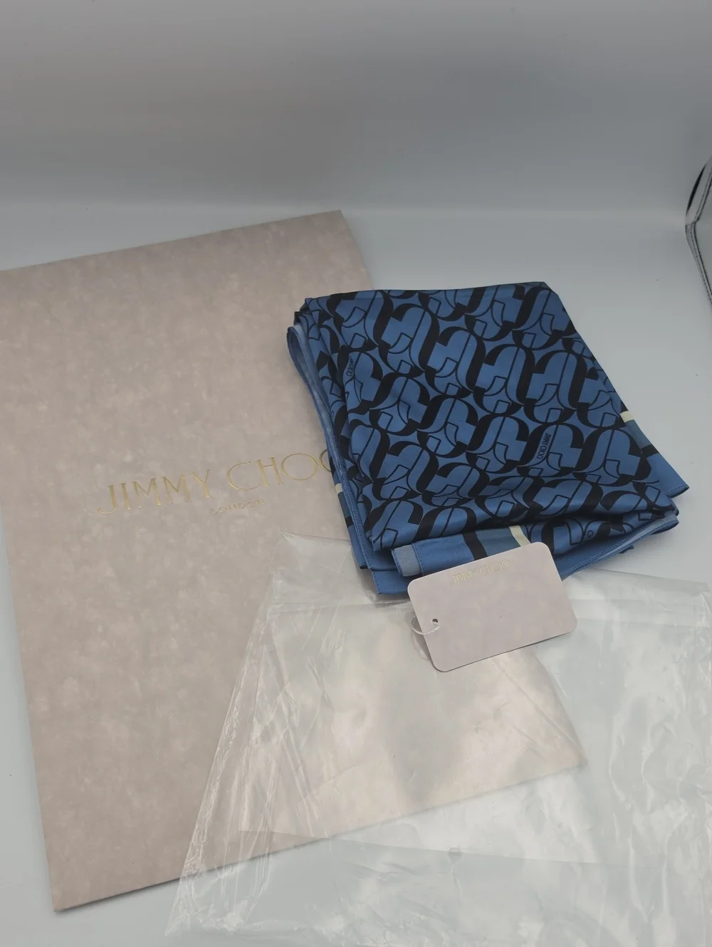 Jimmy Choo Blue Geometric Monogram Large Light 100% Silk Shawl/Scarf (NWT)💙